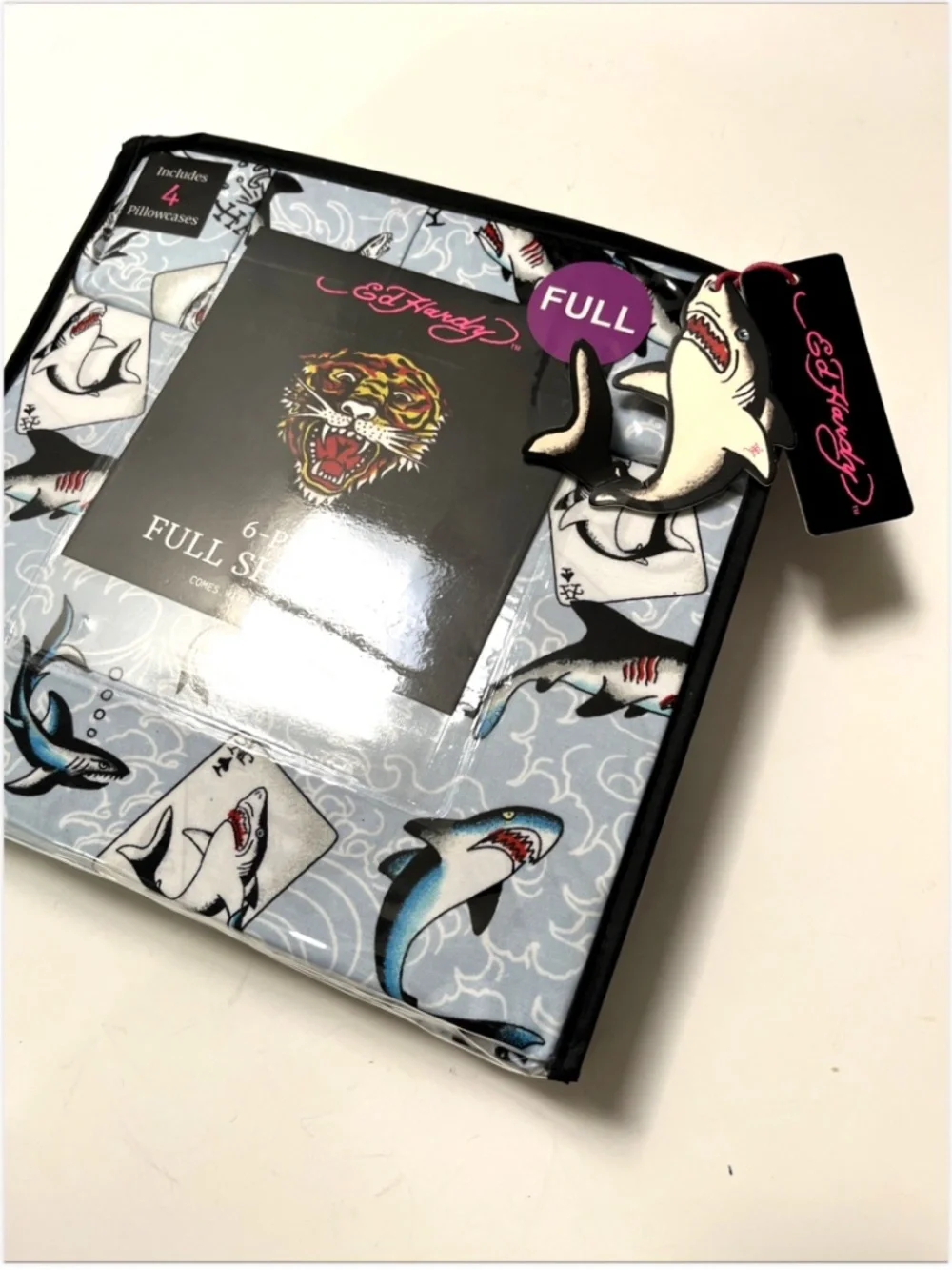 Ed Hardy Shark Full Sheet Set 6 Piece Surf Tattoo Print Blue Bedding NWT